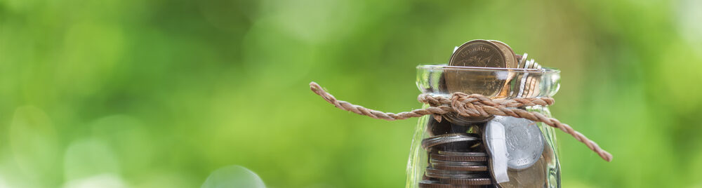 Saving money concept,coins in glass jar on wood table with green